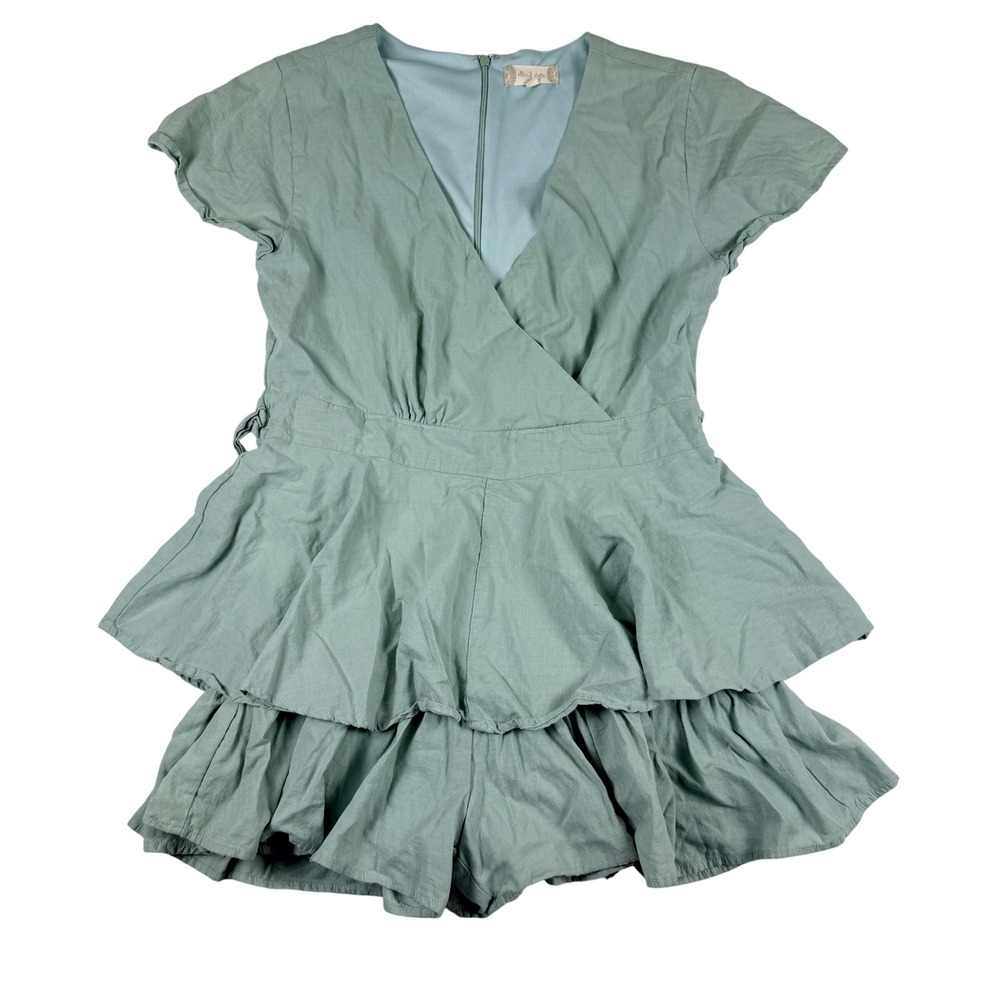 Altar'd State Sage Green Ruffle Tiered Romper V-Neck‎ Short Sleeve Size M